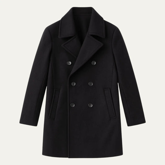 Men's Wool Coat – Black Double-Breasted Peacoat