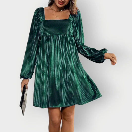 Velvet Dress – Wine Red Pleated Square Neck