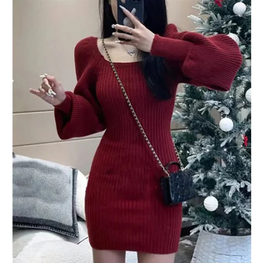 Sweater Dress – Red Puff Sleeve Square Neck