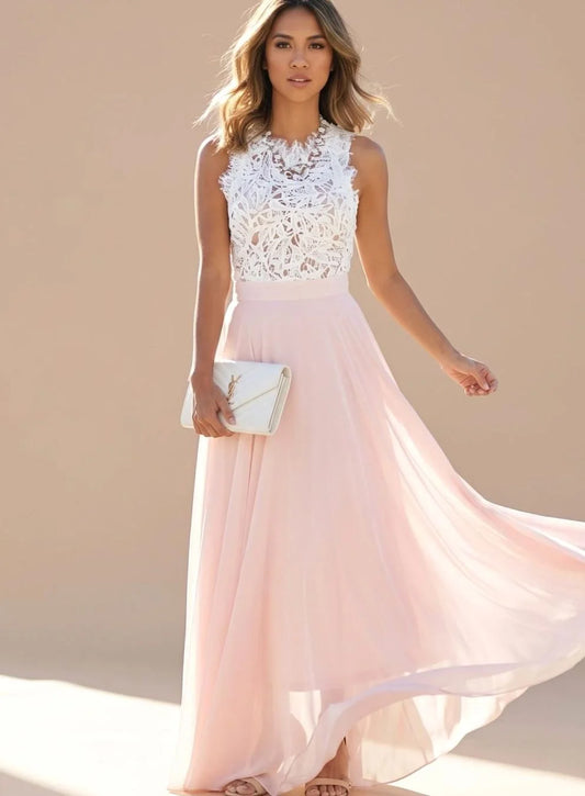 Lace Maxi Dress – Pink Lace Bodice Chiffon