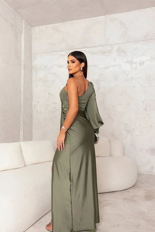 One-Shoulder Satin Cocktail Maxi Dress