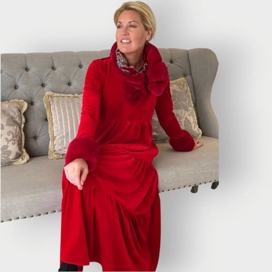 Velvet Maxi Dress – Red Tiered Long Sleeve V-Neck