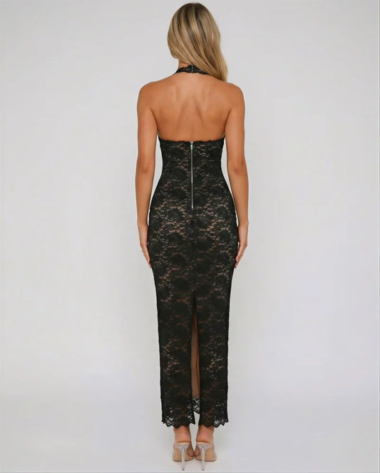 Livia | Lace Halter Maxi Dress with Open Back