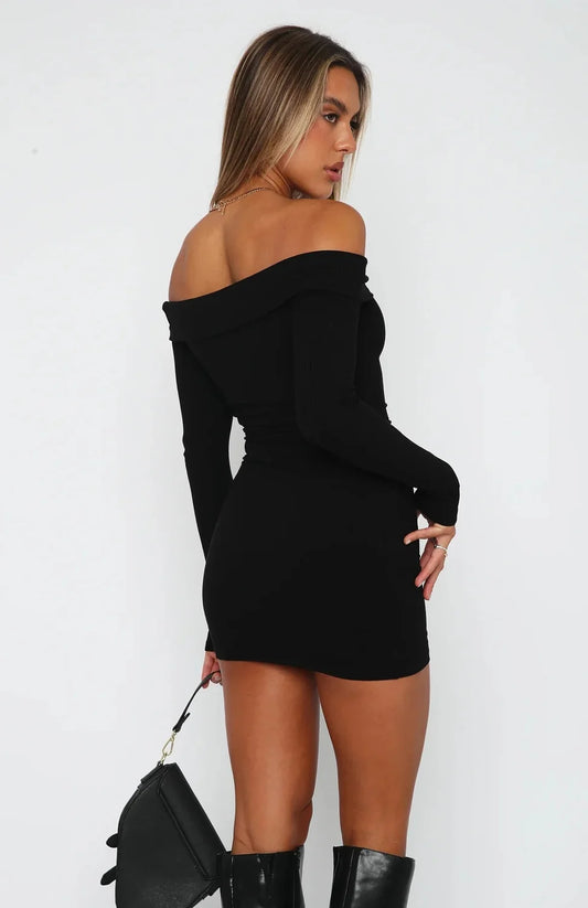 Off Shoulder Knit Long Sleeve Mini Dress