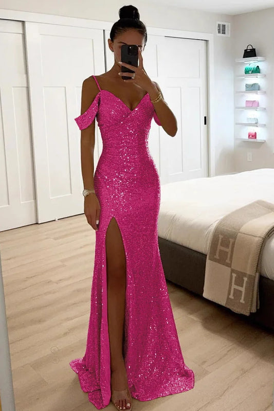 Holiday Party Dress – Gold Sequin Off-Shoulder Maxi