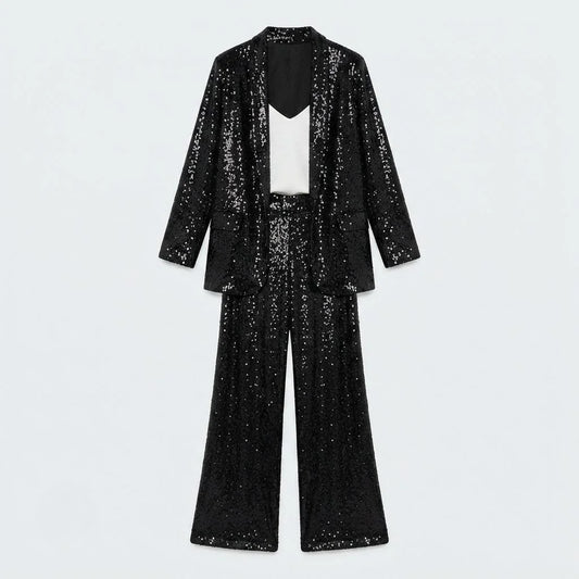 Sequin Blazer and Wide-Leg Pant Set