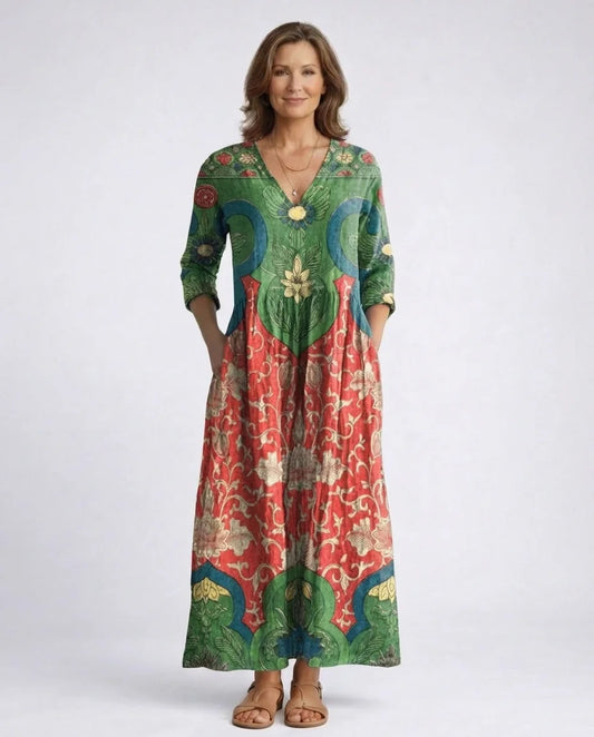 V-Neck Long Sleeve Printed Maxi Dress