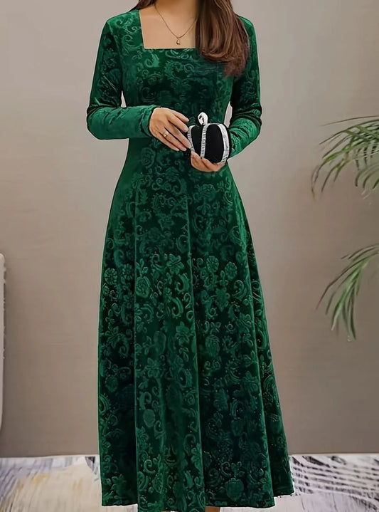 Velvet Square-Neck Floral Embossed A-Line Party Dress