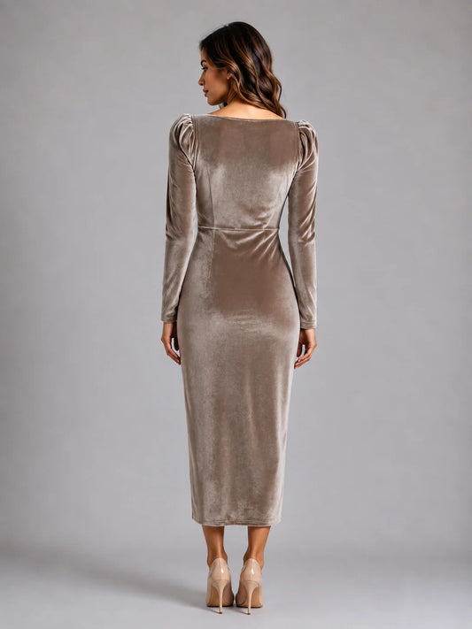 Velvet Long Sleeve Ruched Midi Dress