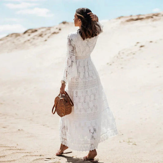 Lace Maxi Dress – Beige Long Sleeve Boho V-Neck