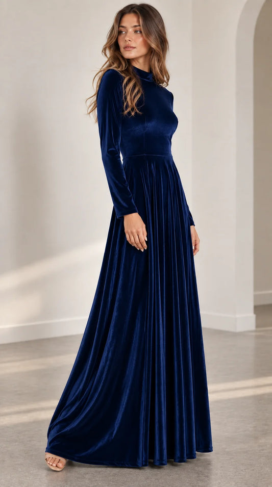 Velvet Maxi Dress – Burgundy A-Line Long Sleeve