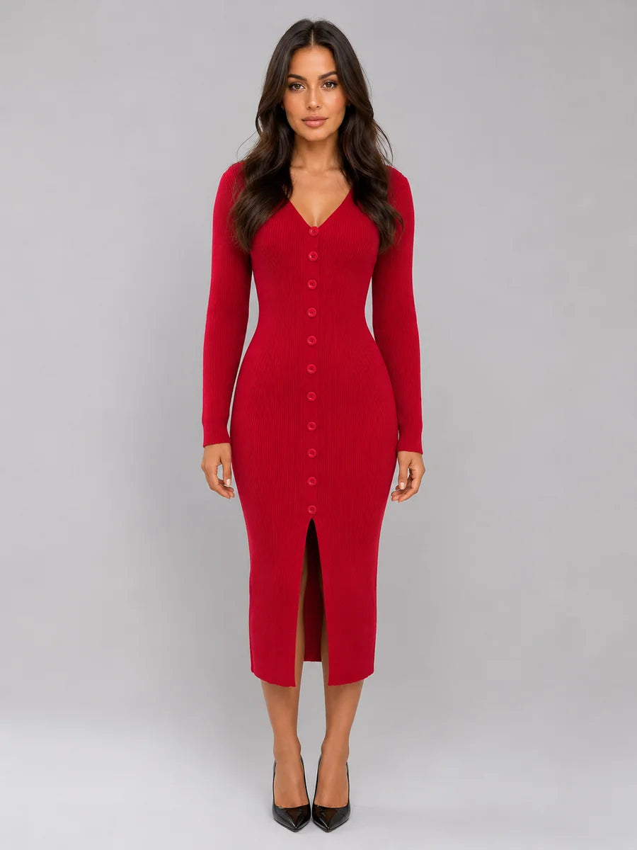 Ribbed Knit Button-Front Jumper Dress