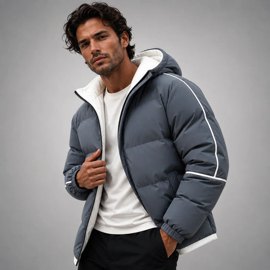 Men's Hooded Puffer Jacket – Black Contrast Piping
