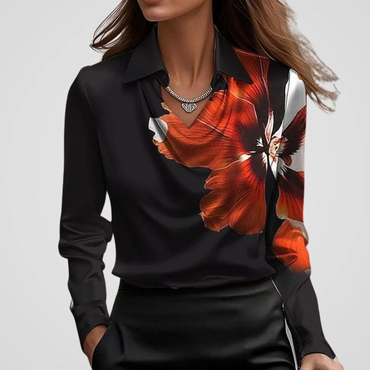 Elegant Cowl-Neck Long-Sleeve Satin Blouse