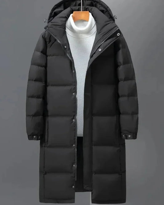 Men's Puffer Jacket – Black Longline Hooded - Black detail