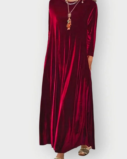 Velvet Dress – Burgundy Long Sleeve Maxi - Burgundy detail
