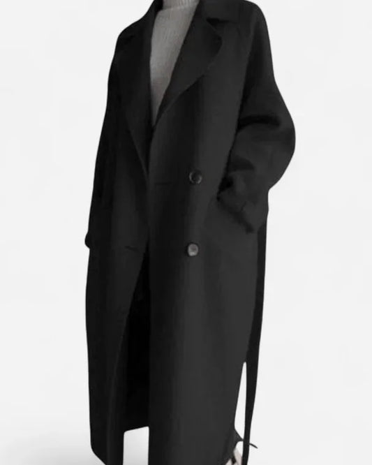 Wool Coat – Black Belted Double-Breasted - Black detail