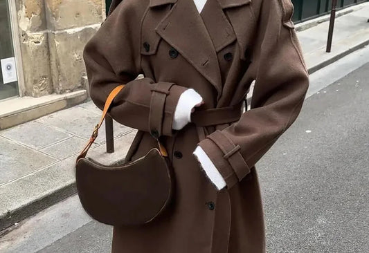 Wool Coat – Brown Belted Longline - Brown detail