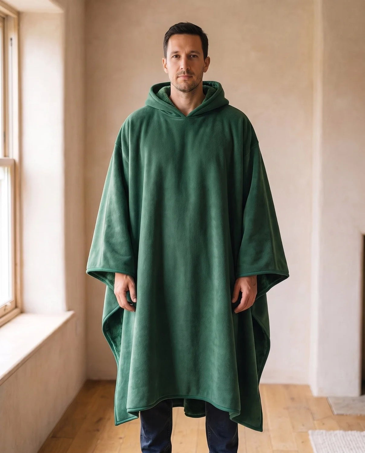 Man wearing the Hazel oversized hooded blanket in forest green, standing in a warm living room, front view