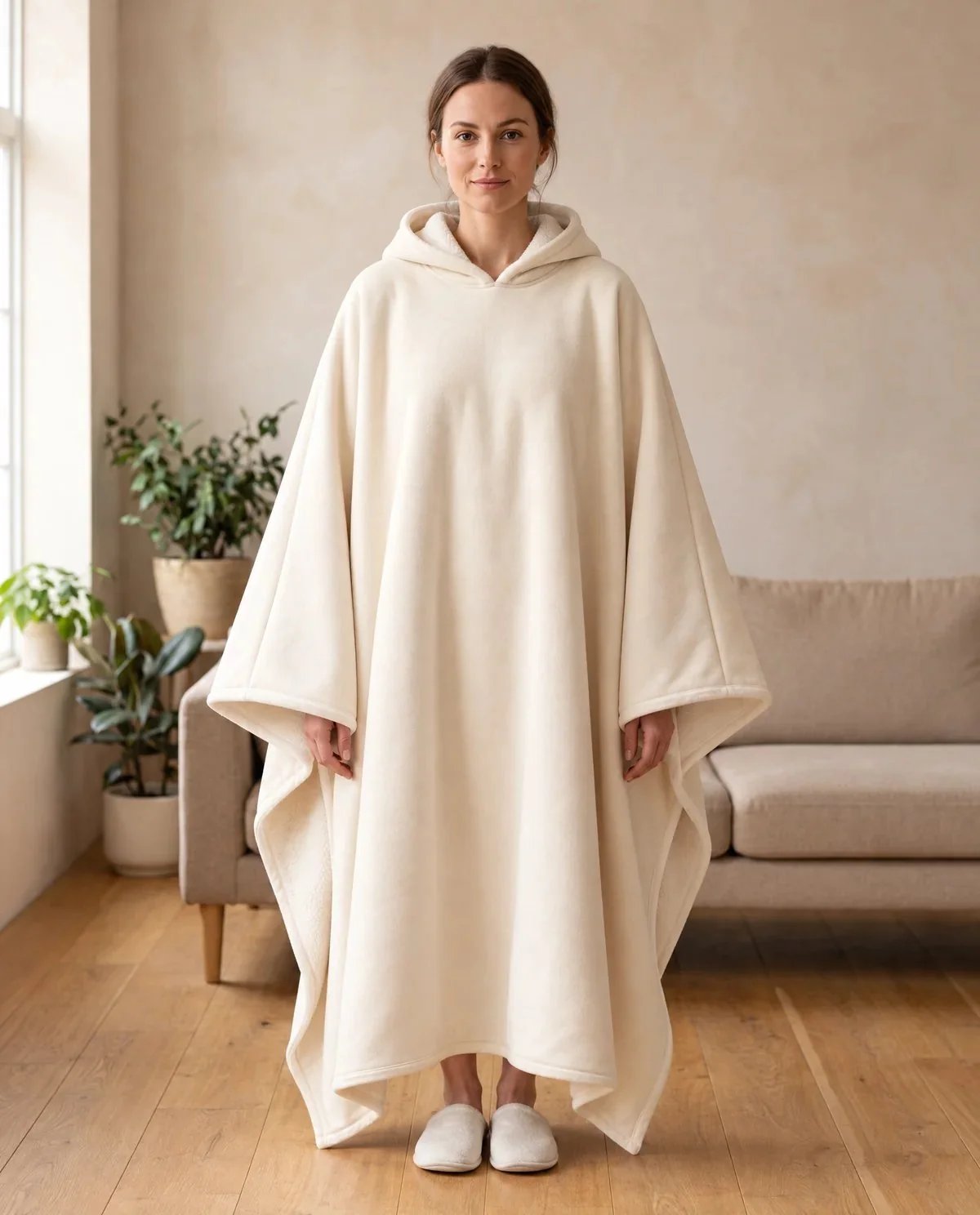 Woman wearing the Wren oversized hooded blanket in soft oatmeal, standing in a warm living room, front view