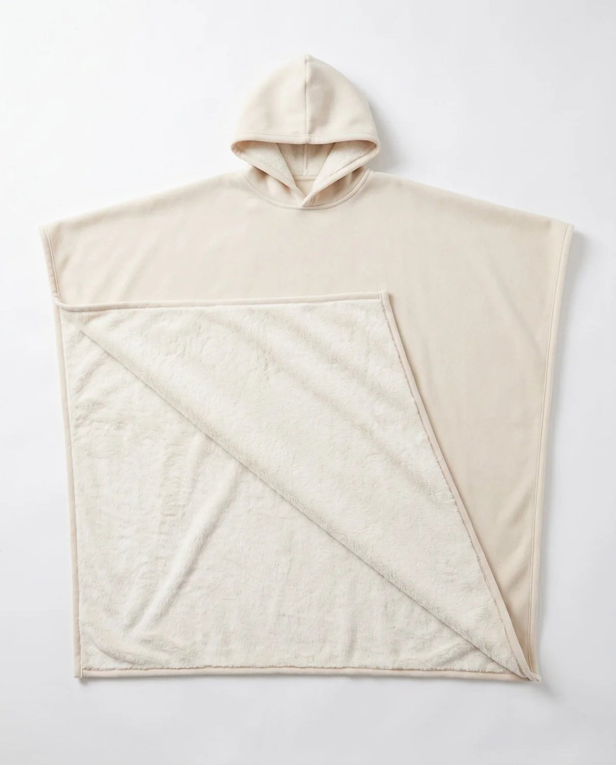 Wren oversized hooded blanket in oatmeal, laid flat on white with the hood visible