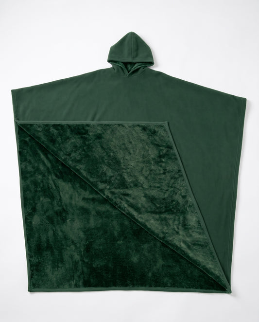 Hazel oversized hooded blanket in forest green, laid flat on white with the hood visible
