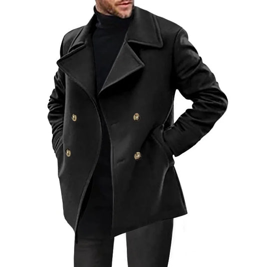 Black Men's Double-Breasted Coat – Flap Pockets