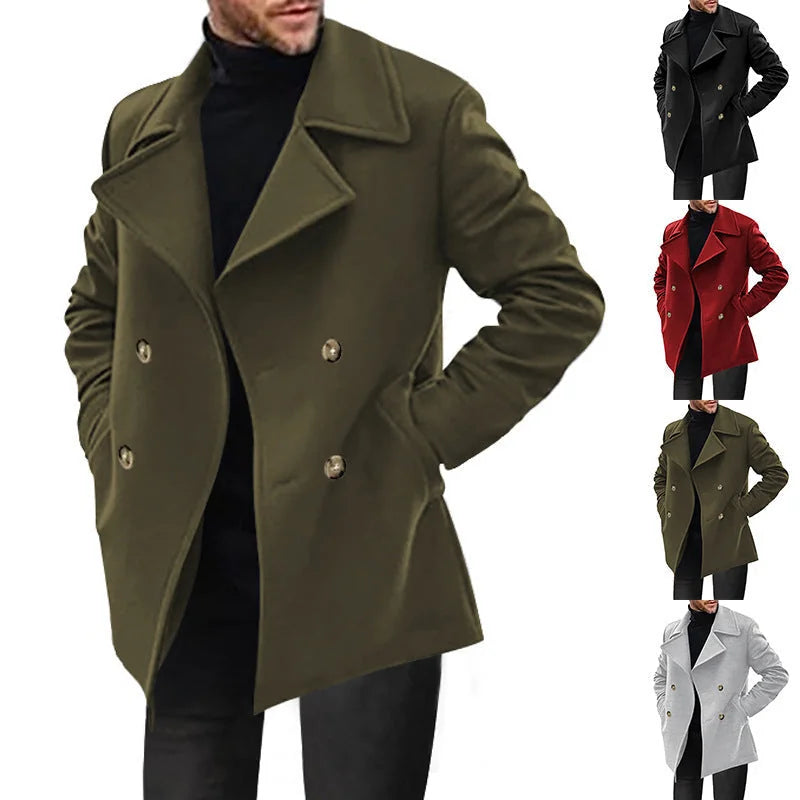 Black Men's Double-Breasted Coat – Flap Pockets