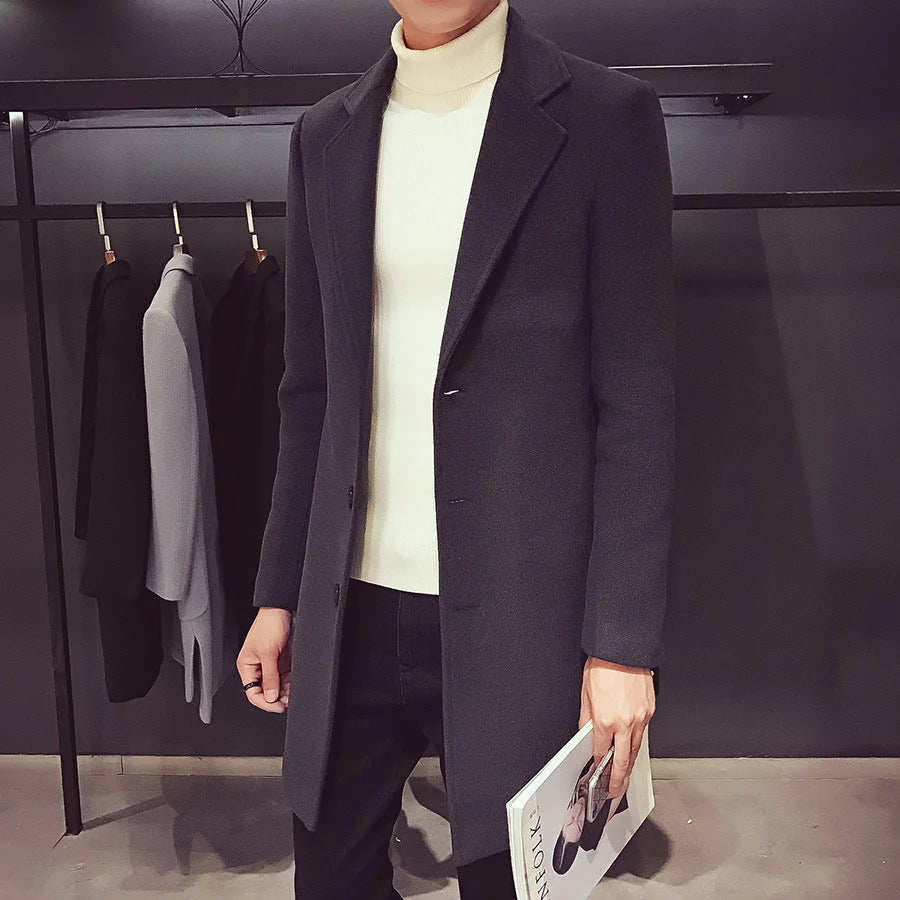 Black Men's Overcoat – Single-Breasted Slim Fit