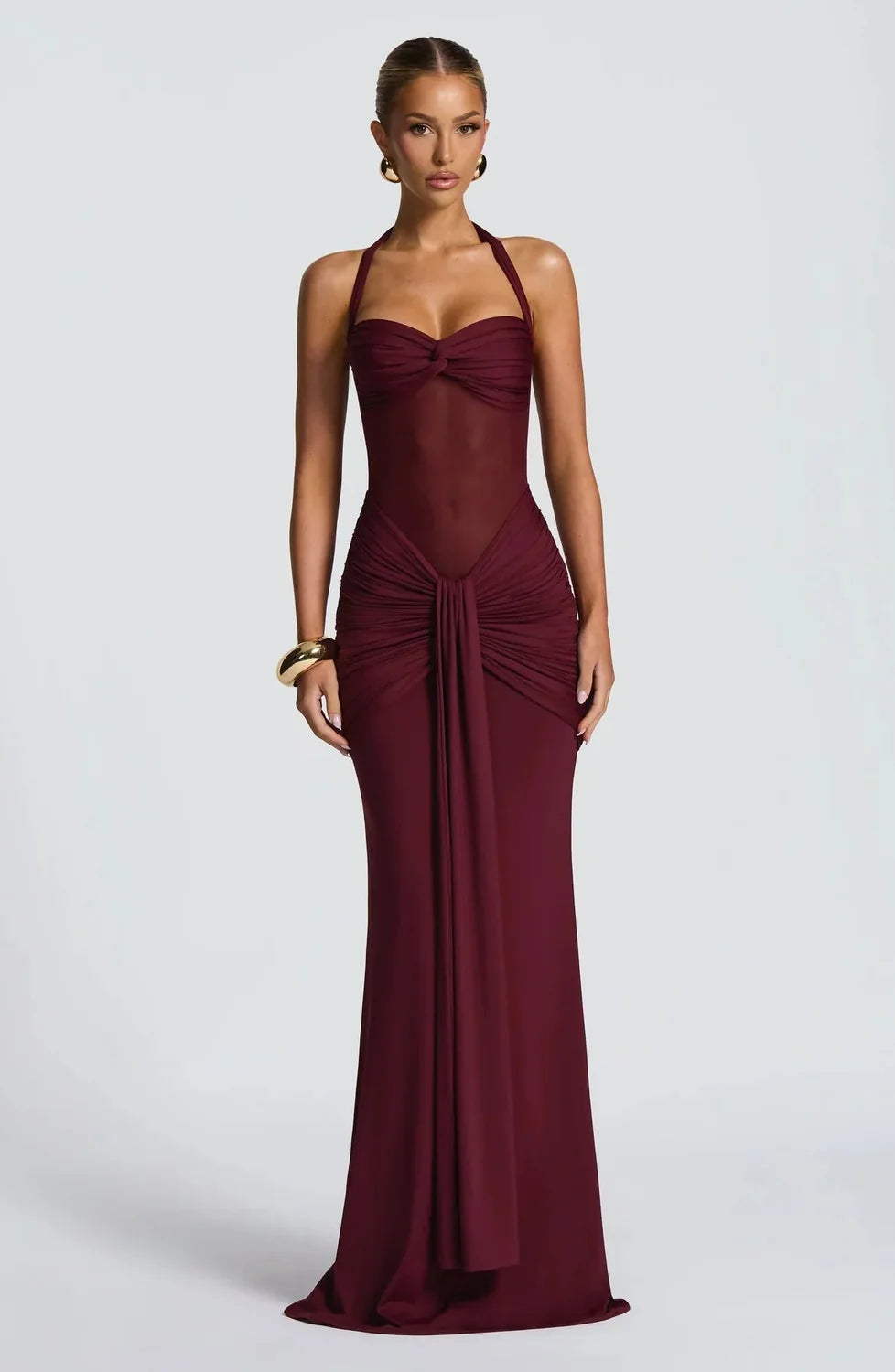Burgundy Evening Maxi Dress – Hourglass Silhouette