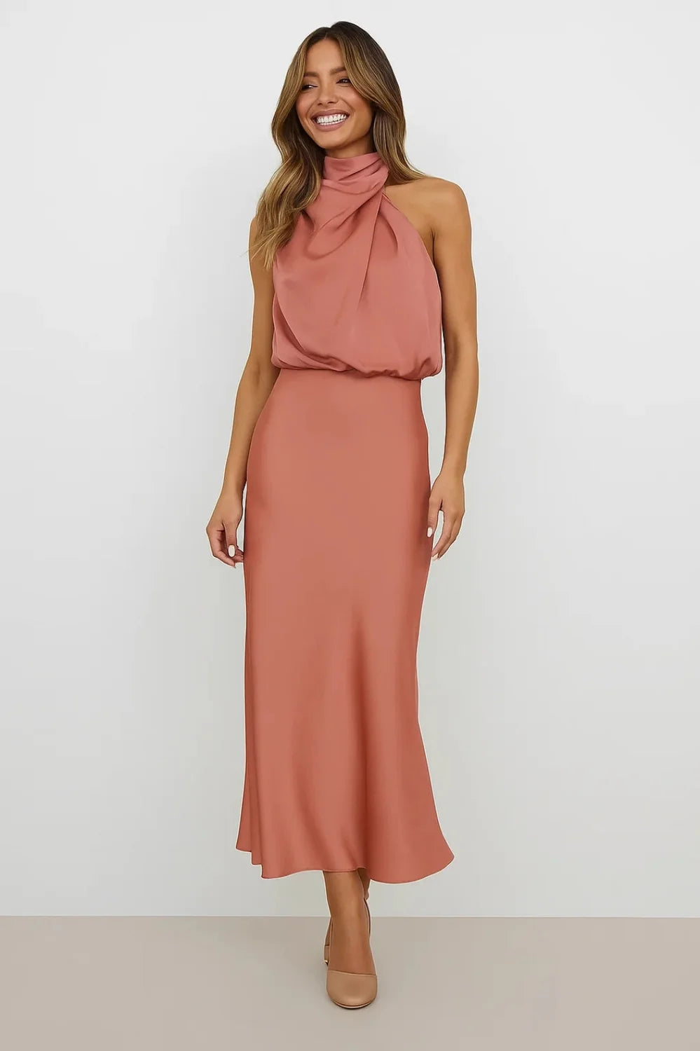 Dark Red Satin Maxi Dress – Draped Neck
