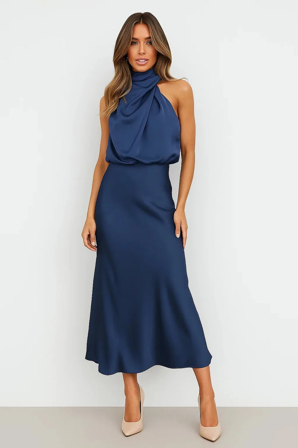 Dark Red Satin Maxi Dress – Draped Neck