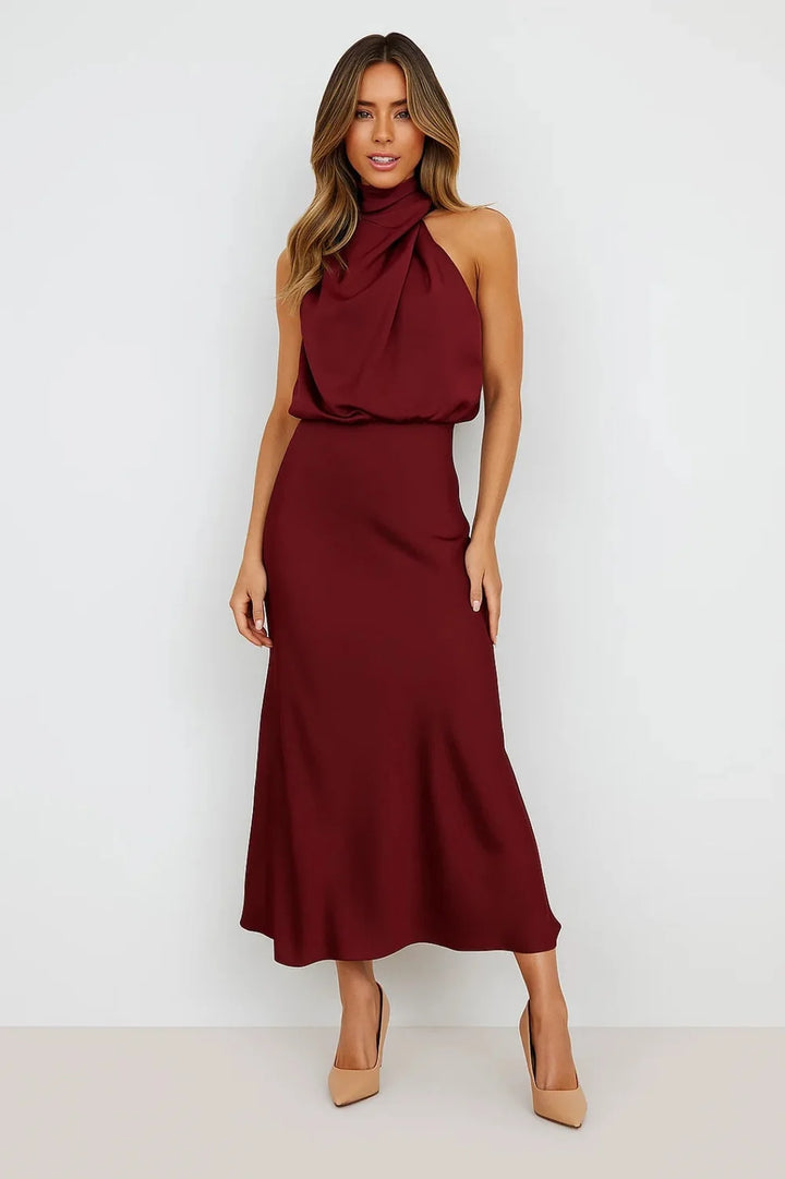 Dark Red Satin Maxi Dress – Draped Neck