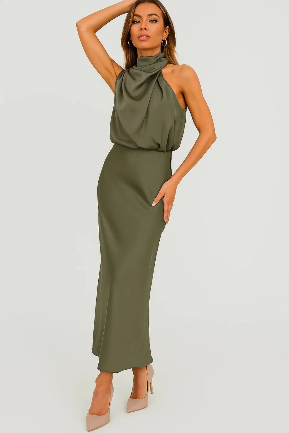 Dark Red Satin Maxi Dress – Draped Neck