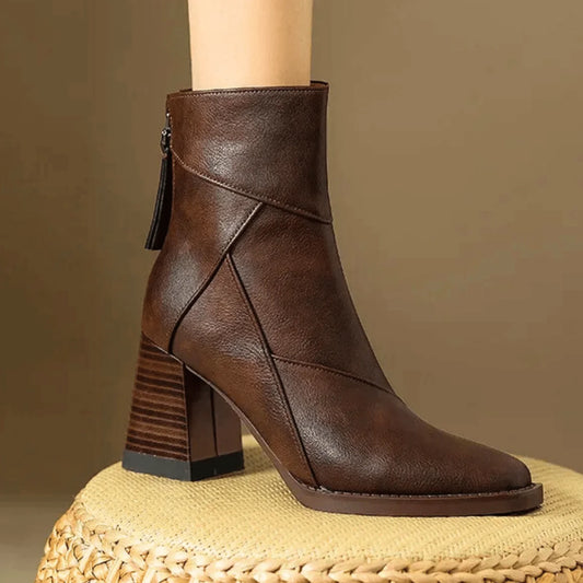 Espresso Ankle Boots – Wooden Block Heel Zip-Up