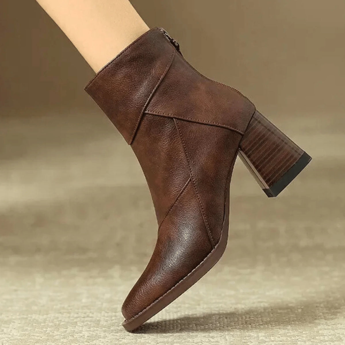 Espresso Ankle Boots – Wooden Block Heel Zip-Up