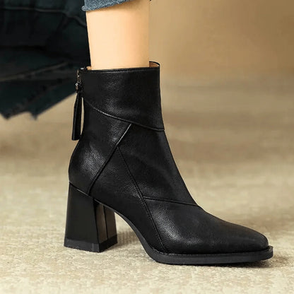 Espresso Ankle Boots – Wooden Block Heel Zip-Up