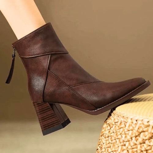 Espresso Ankle Boots – Wooden Block Heel Zip-Up