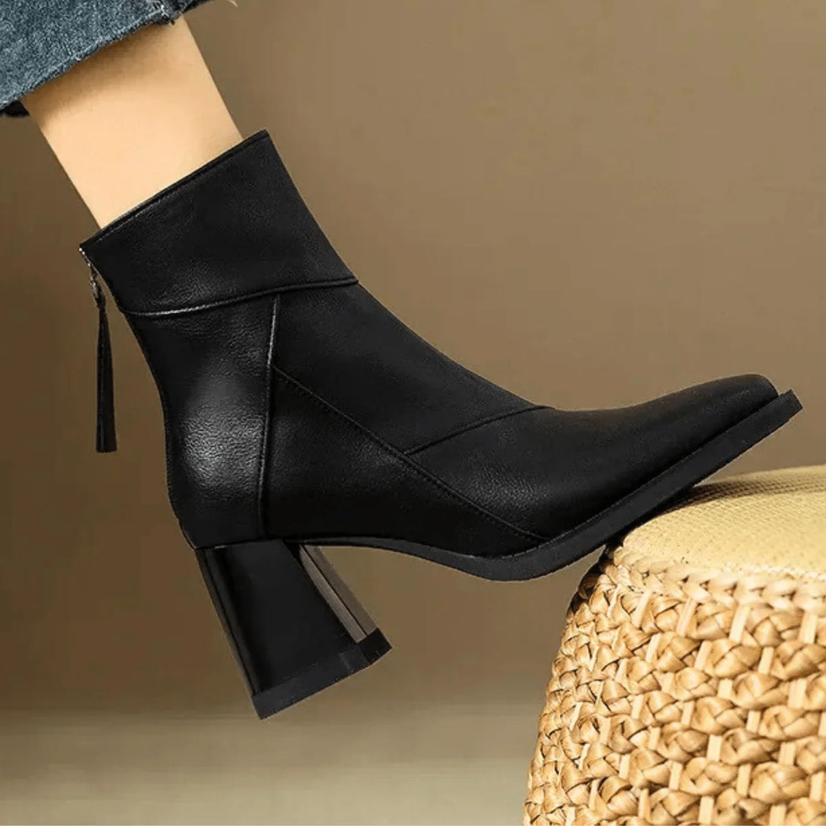 Espresso Ankle Boots – Wooden Block Heel Zip-Up