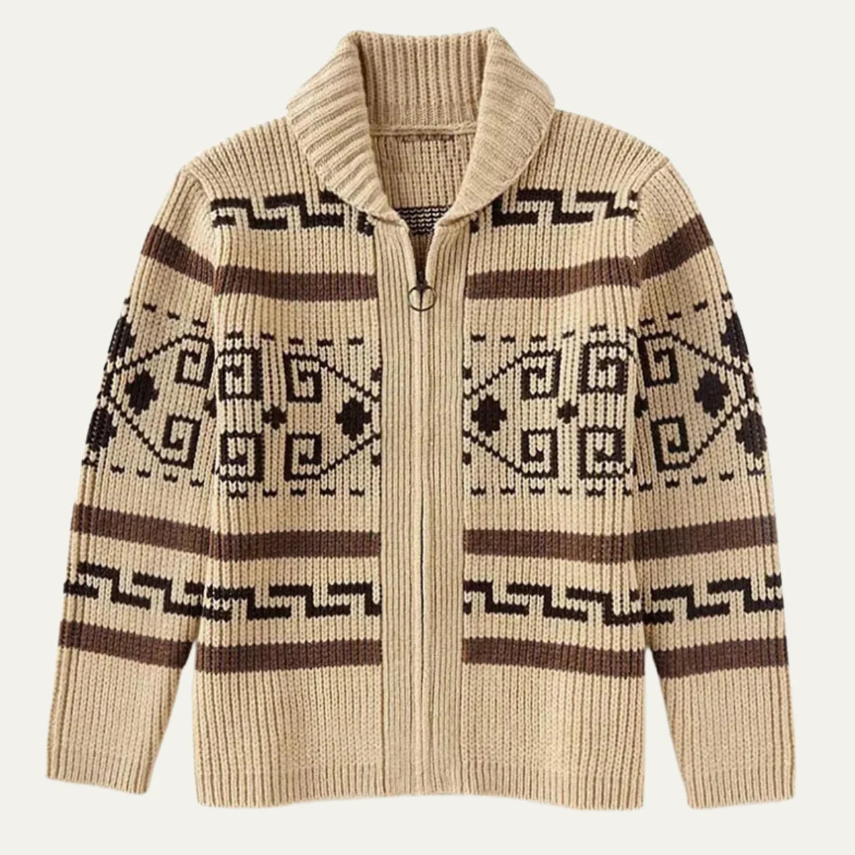 Khaki Men's Cardigan – Shawl Collar Jacquard Knit