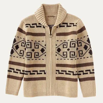 Khaki Men's Cardigan – Shawl Collar Jacquard Knit