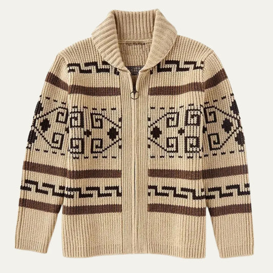 Khaki Men's Cardigan – Shawl Collar Jacquard Knit