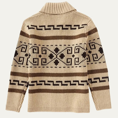 Khaki Men's Cardigan – Shawl Collar Jacquard Knit