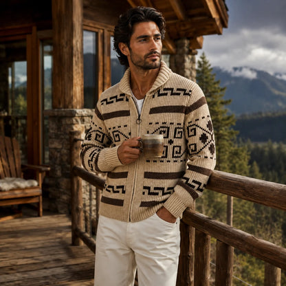 Khaki Men's Cardigan – Shawl Collar Jacquard Knit