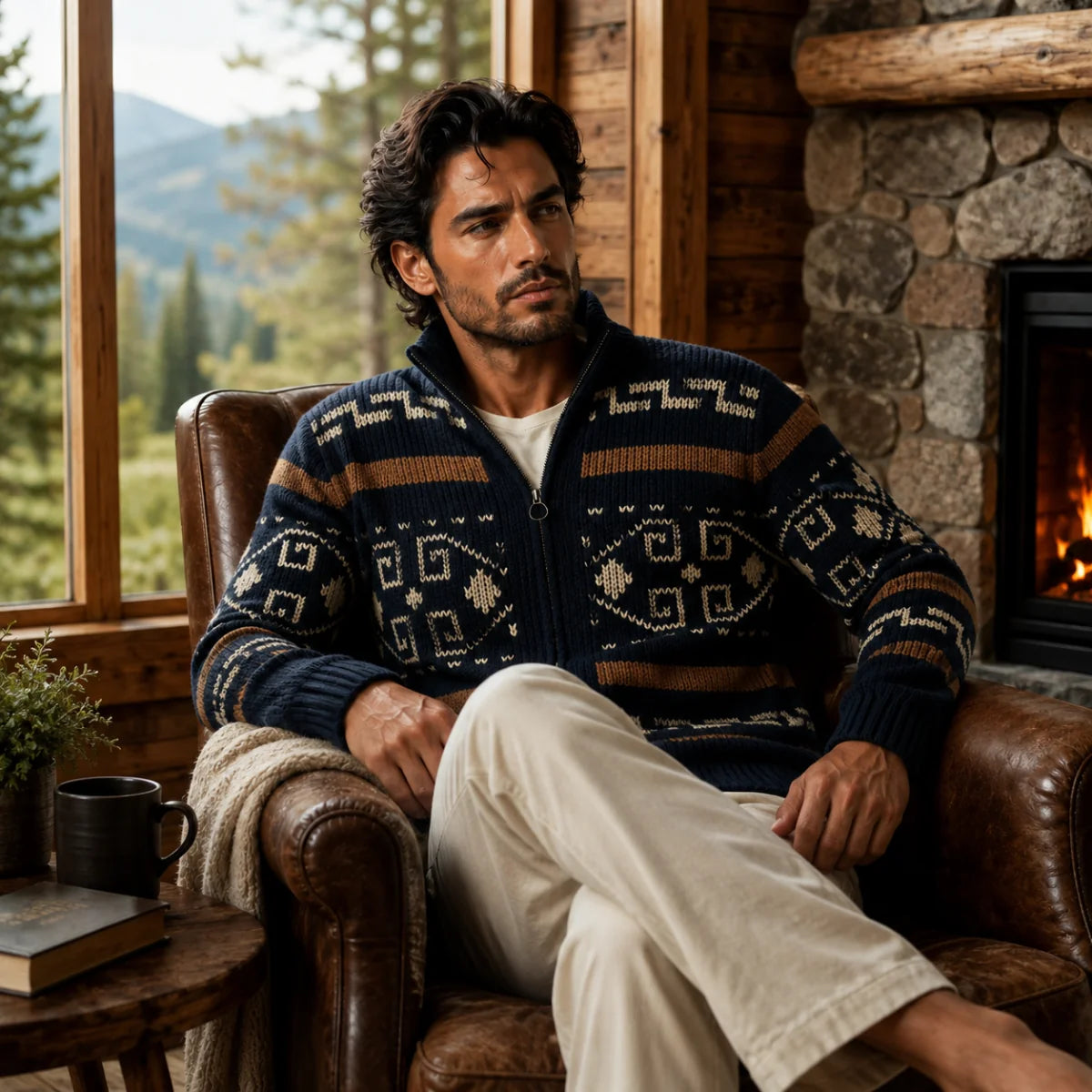 Khaki Men's Cardigan – Shawl Collar Jacquard Knit