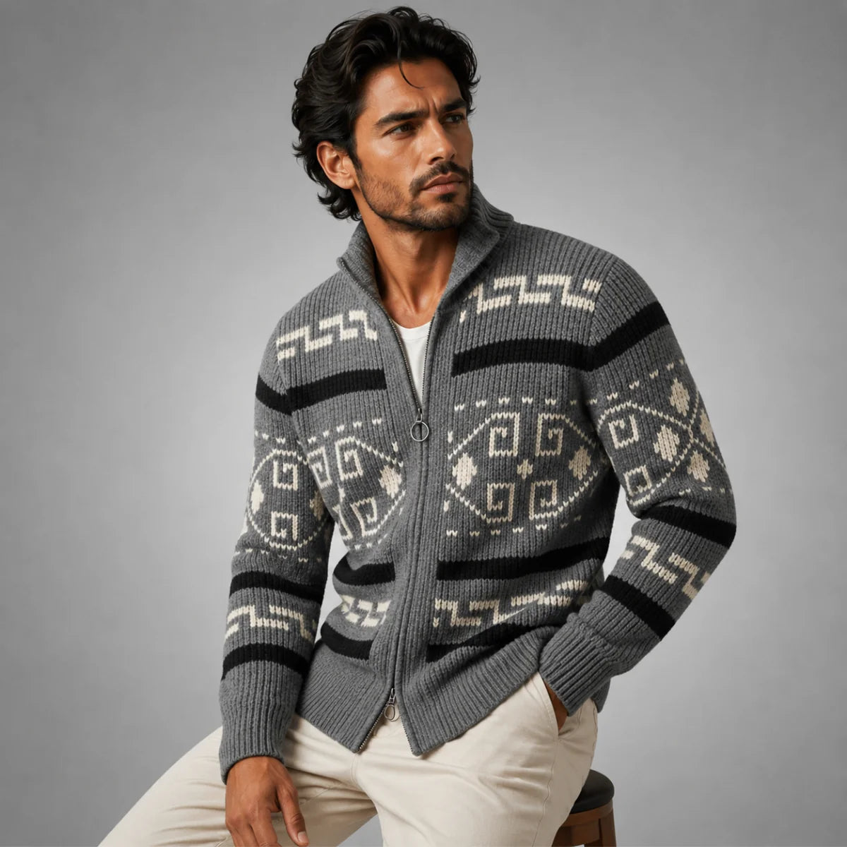 Khaki Men's Cardigan – Shawl Collar Jacquard Knit