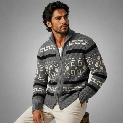 Khaki Men's Cardigan – Shawl Collar Jacquard Knit