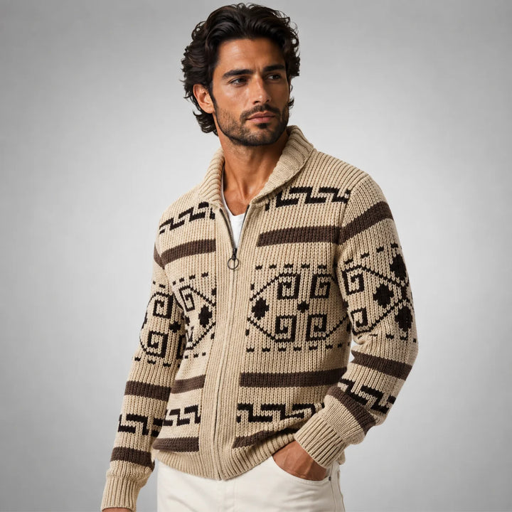Khaki Men's Cardigan – Shawl Collar Jacquard Knit