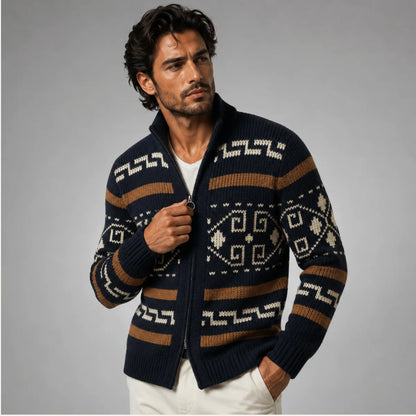 Khaki Men's Cardigan – Shawl Collar Jacquard Knit