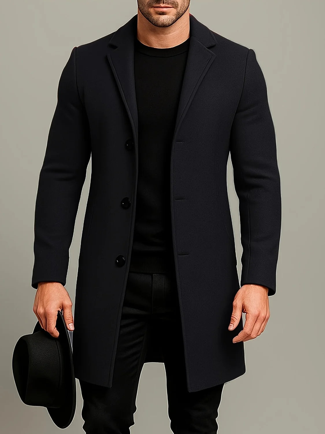 Khaki Men's Tweed Coat – Mid-Length Button Front